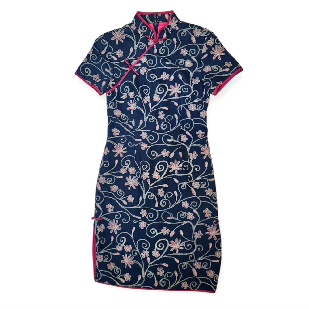 Double Horse Vintage Cheongsam Quipao Dress Navy Red Linen Cotton Asian Size S